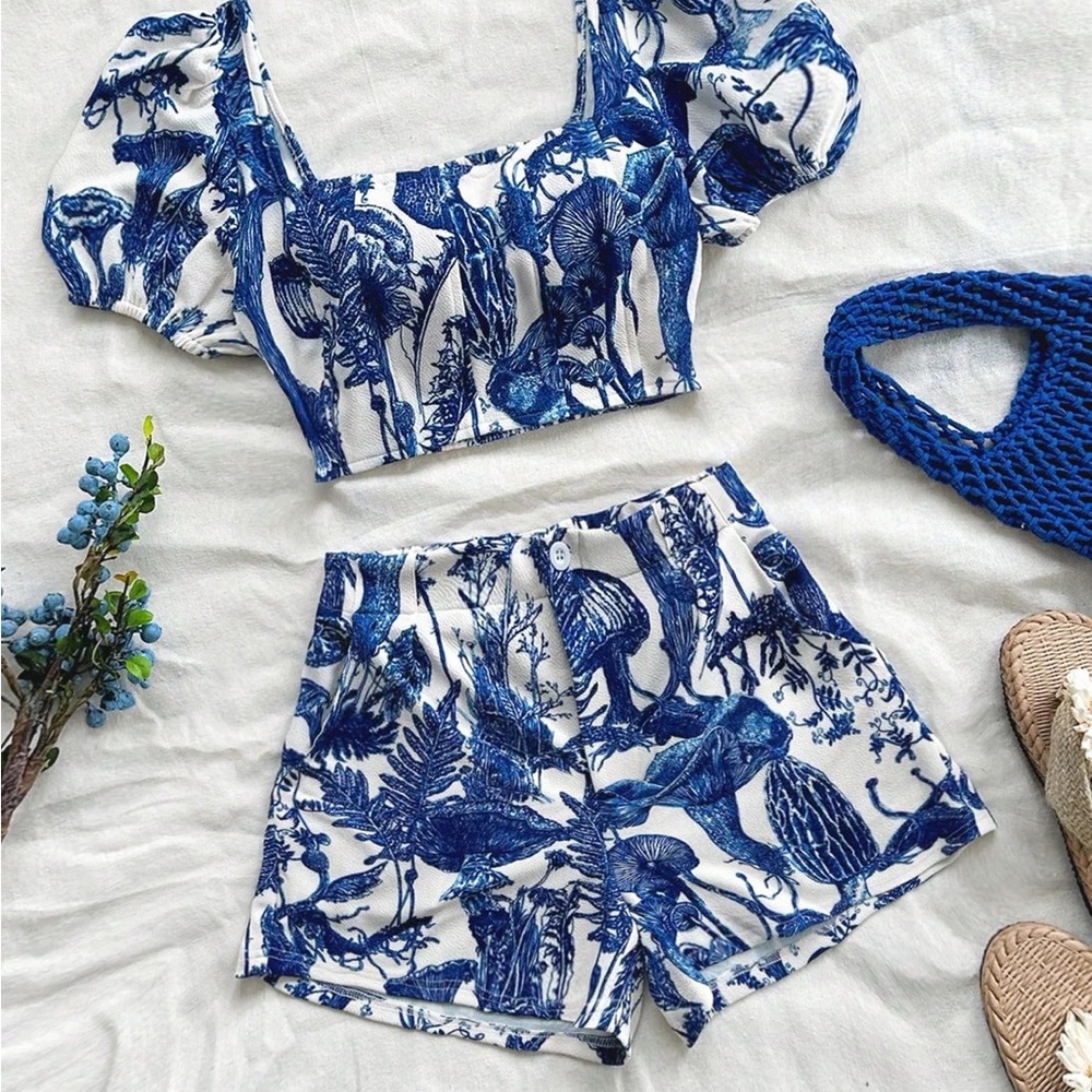 Blue and White Printed Two-Piece Set